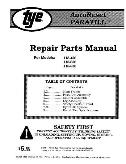 AGCO 118 Paratill Toolbar (auto reset) Parts Book 000-1206 English