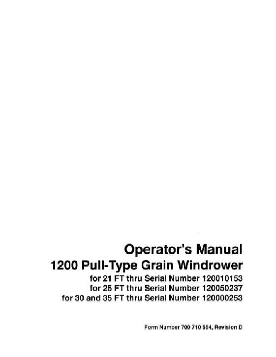 AGCO 1200 Pull-Type Windrower (draper) (1990-91) Operator Manual 700710554D English