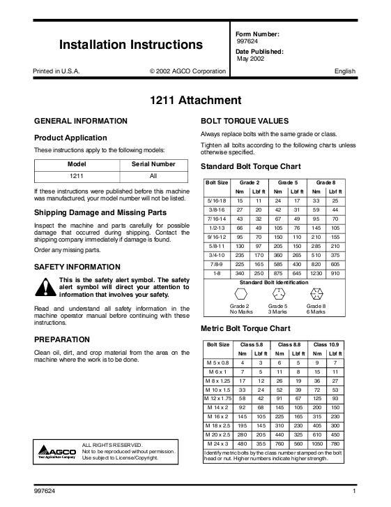 AGCO 1211 Disc Harrow Attachments Operator Manual SN997624 English
