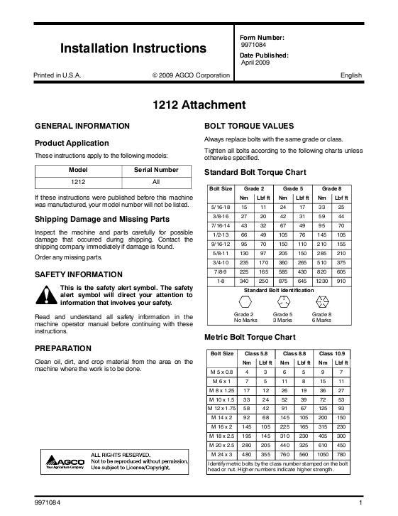 AGCO 1212 Disc Harrow Attachments Operator Manual SN9971084 English