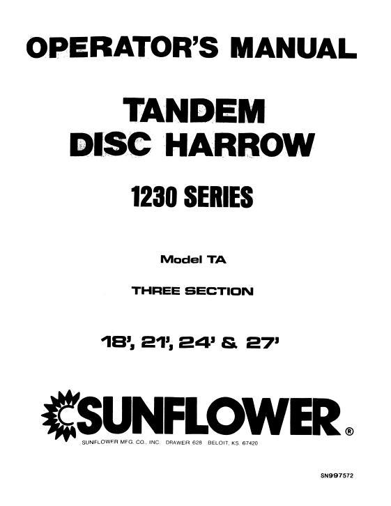 AGCO 1230 Series Model TA Disc Harrow Operator Manual SN997572 English