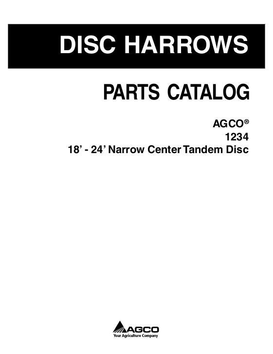 AGCO 1234 Disc Harrow (tandem, narrow center, 18 - 24 ft) Parts Book 79032889C English
