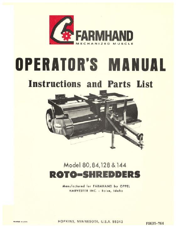 AGCO 128 144 80 84 Roto-Shredder (1964) Operator Manual FS637764 English