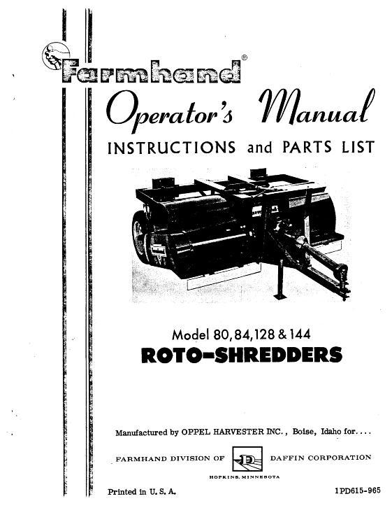 AGCO 128 144 80 84 Roto-Shredder (1965) Operator Manual 1PD615965 English