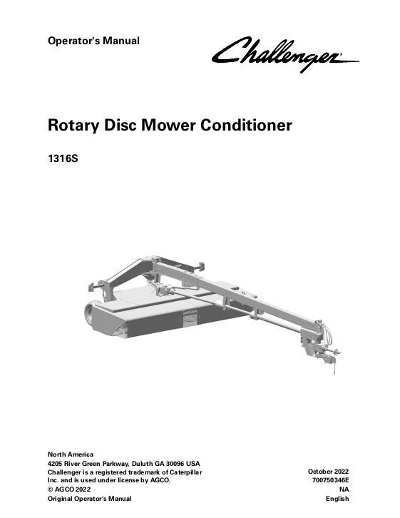 AGCO 1316S Rotary Disc Mower Conditioner Operator Manual 700750346E English