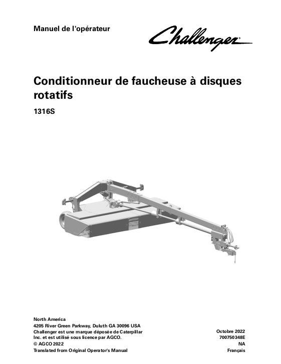 AGCO 1316S Rotary Disc Mower Conditioner Operator Manual 700750348E French
