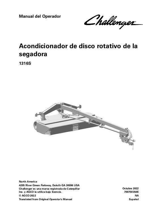 AGCO 1316S Rotary Disc Mower Conditioner Operator Manual 700750350E Spanish