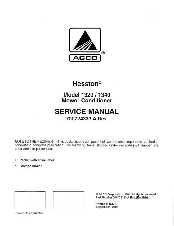 AGCO 1320 1340 Mower Conditioner (packet) Service Manual 700724333A English