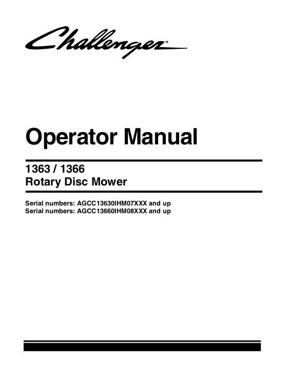 AGCO 1363 1366 Rotary Disc Mower Conditioner (eff sn IHMxx101, 2018) Operator Manual 700751880A English