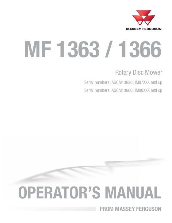 AGCO 1363 1366 Rotary Disc Mower (eff sn IHMxx101, 2018) Operator Manual 700751877A English