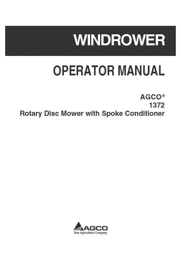 AGCO 1372 Rotary Disc Mower (with spoke conditioner) Operator Manual 700734183B English