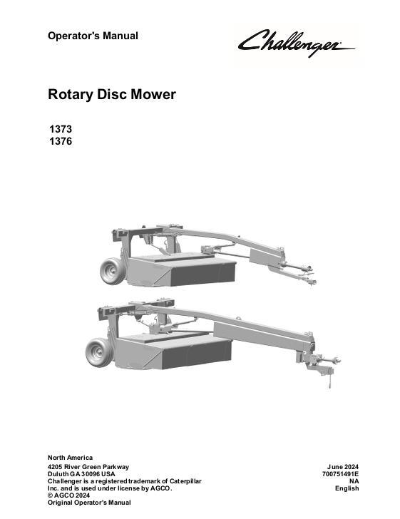 AGCO 1373 1376 Rotary Disc Mower Conditioner Operator Manual 700751491E English