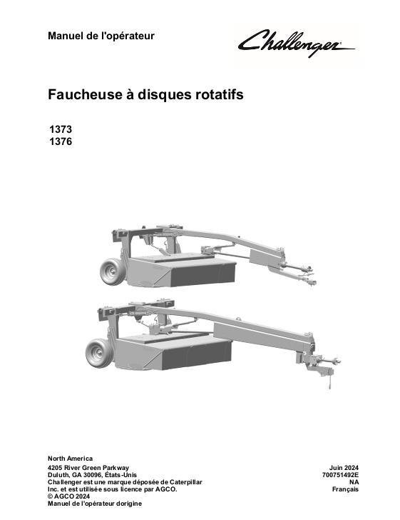 AGCO 1373 1376 Rotary Disc Mower Conditioner Operator Manual 700751492E French