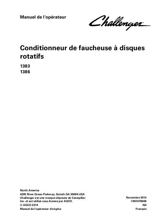 AGCO 1383 1386 Rotary Disc Mower Operator Manual 700747904B French