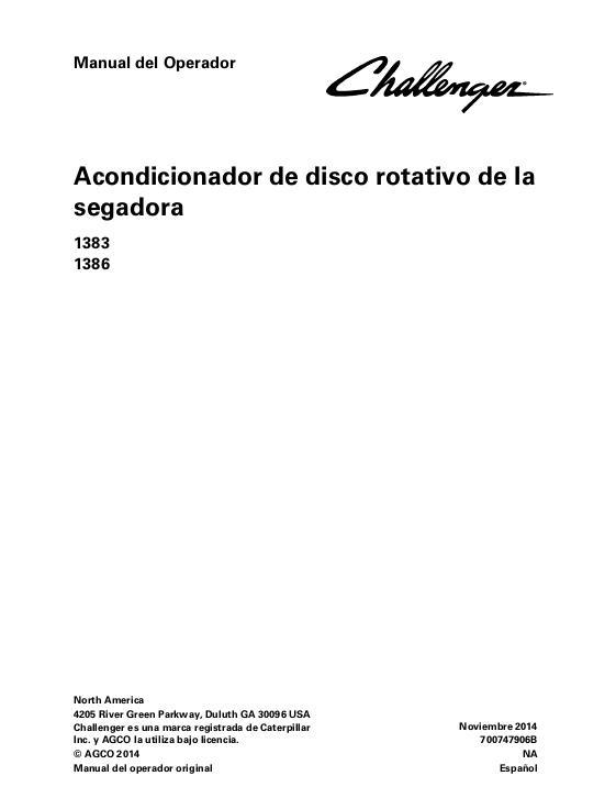 AGCO 1383 1386 Rotary Disc Mower Operator Manual 700747906B Spanish