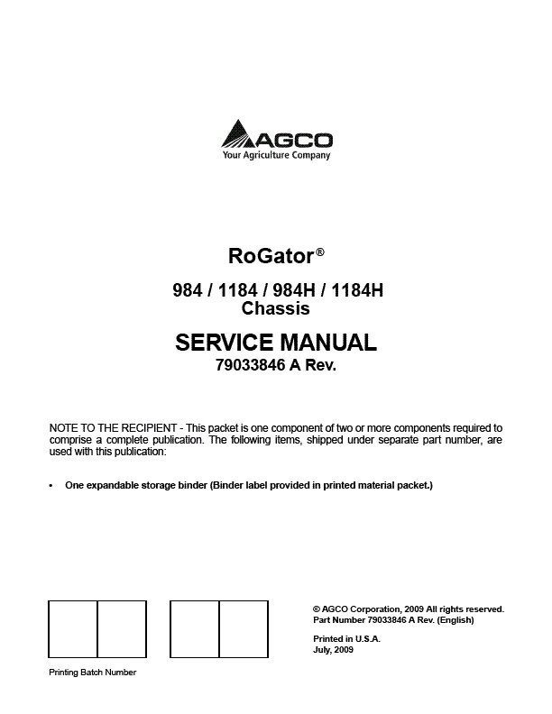 AGCO 1386 RoGator (chassis, eff sn Vxxx1001, 2010) (packet) Service Manual 79033844A English