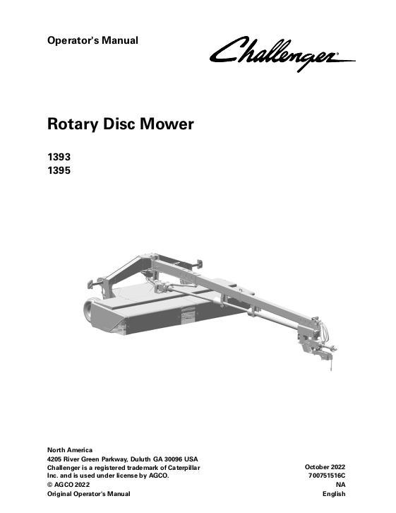AGCO 1393 1395 Rotary Disc Mower Conditioner Operator Manual 700751516C English