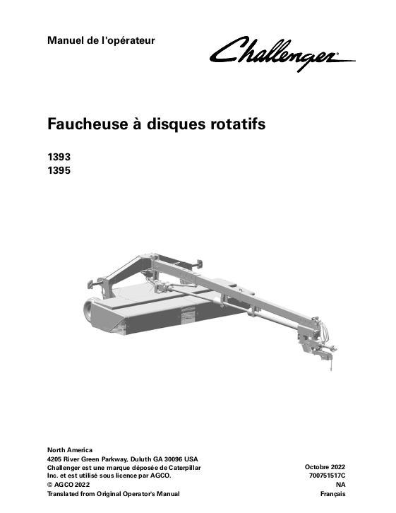 AGCO 1393 1395 Rotary Disc Mower Conditioner Operator Manual 700751517C French