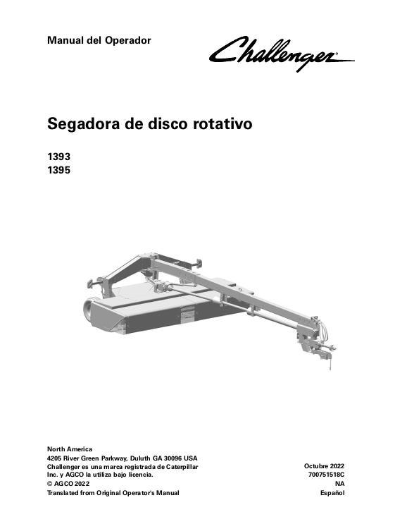 AGCO 1393 1395 Rotary Disc Mower Conditioner Operator Manual 700751518C Spanish
