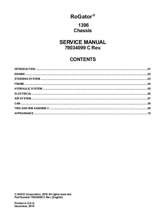 AGCO 1396 RoGator (chassis, eff sn Wxxx1001, 2011) (packet) Service Manual 79034099C English