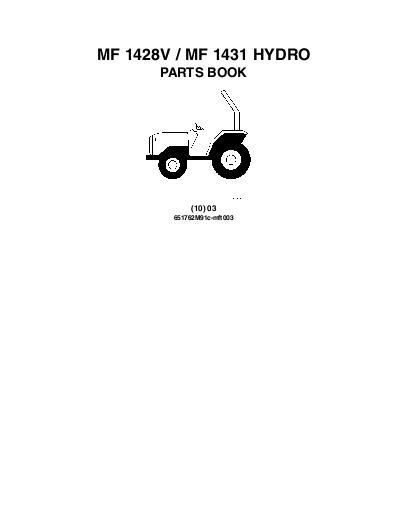 AGCO 1428V 1431 Compact Tractor (hydro transmission) Parts Book 651762M91 English