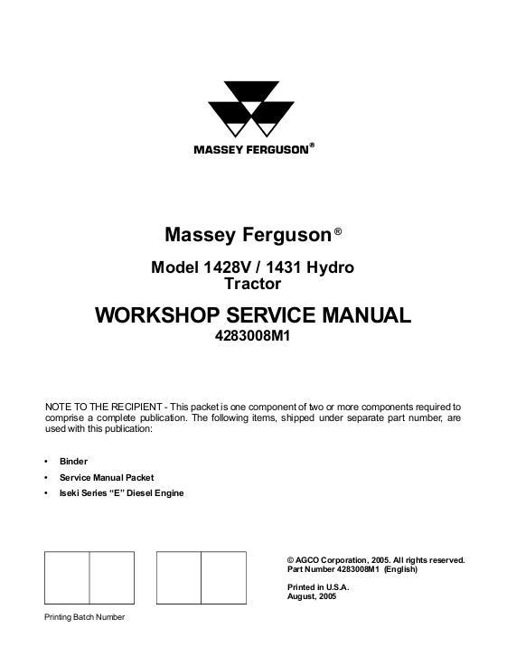 AGCO 1428V 1431 Compact Tractor (hydro transmission) (packet) Service Manual 4283008M1 English
