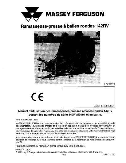 AGCO 142RV Round Baler (1997, CE) Operator Manual 700714651B French