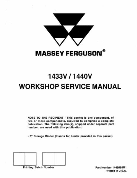 AGCO 1433V 1440V Compact Tractor (packet) Service Manual 1449565M1 English