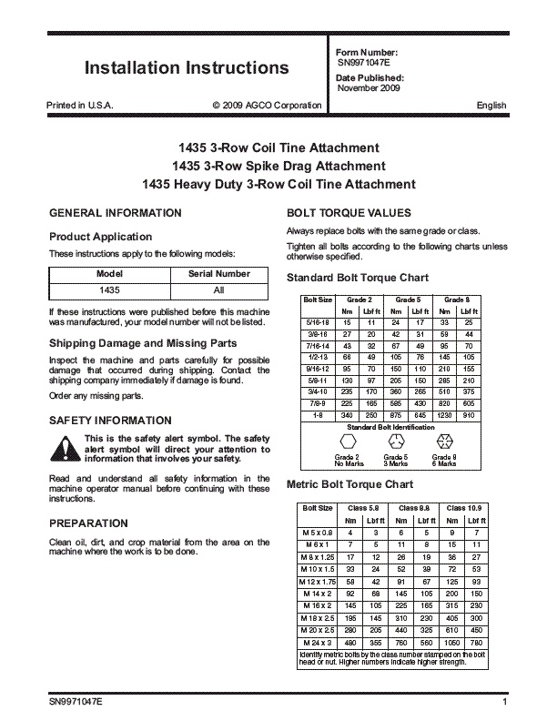 AGCO 1435 Disc Harrow Attachments Operator Manual SN9971047E English