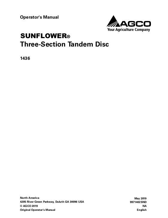 AGCO 1436 Disc Harrow (three section) Operator Manual 9971402SND English