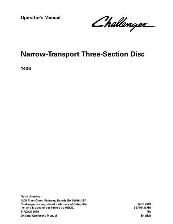AGCO 1436 NT Disc (narrow transport, three section) Operator Manual 9971513CHA English