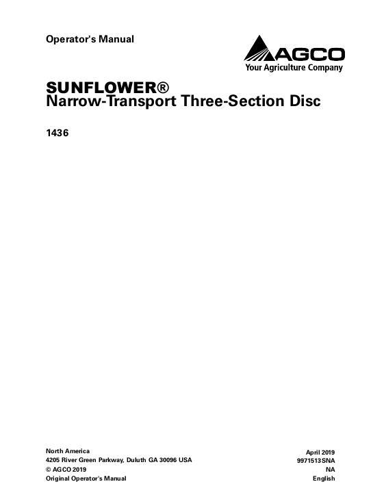 AGCO 1436 NT Disc (narrow transport, three section) Operator Manual 9971513SNA English