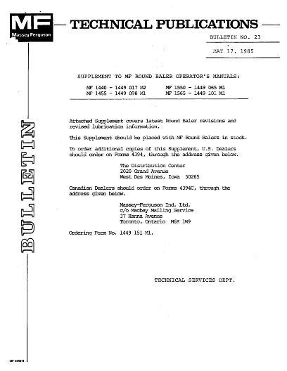 AGCO 1440 1455 1550 1565 Round Baler Supplement Operator Manual 1449151M1 English