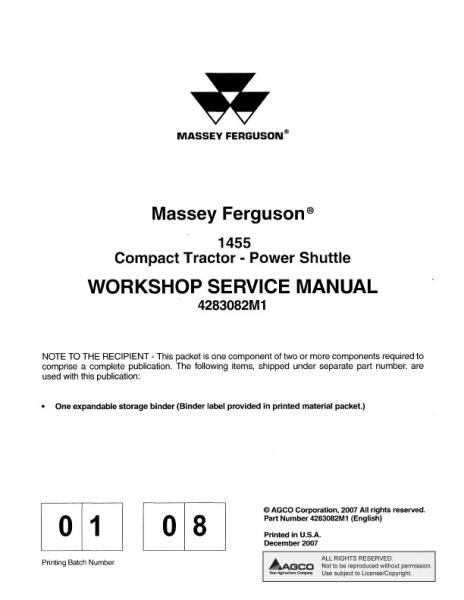 AGCO 1455 Compact Tractor (packet) Service Manual 4283082M1 English