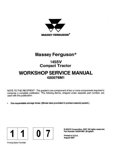 AGCO 1455V Compact Tractor (packet) Service Manual 4283076M1 English