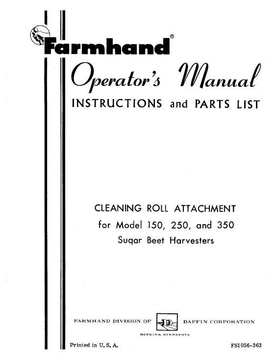 AGCO 150 250 350 Beet Harvester (cleaning roll attach., 1963) Operator Manual FS1056363 English
