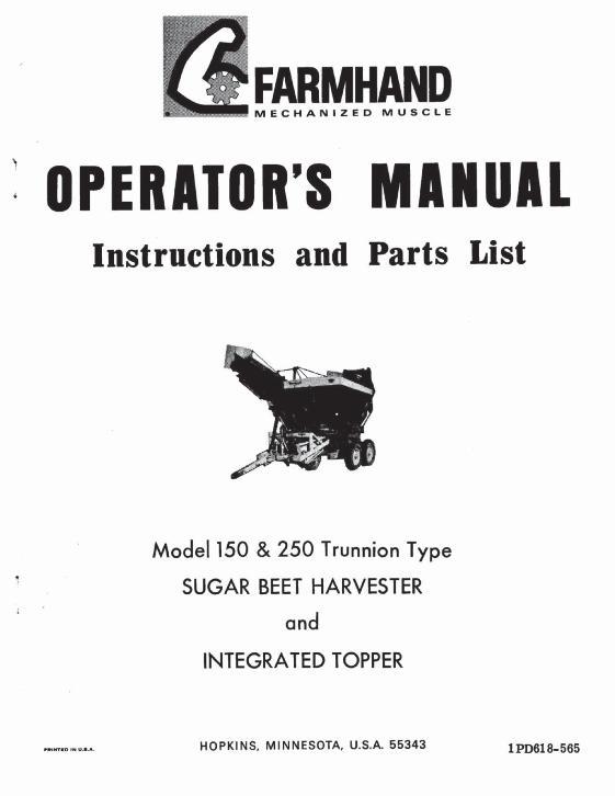 AGCO 150 250 Sugar Beet Harvester (w topper, trunion type, 1965) Operator Manual 1PD618565 English