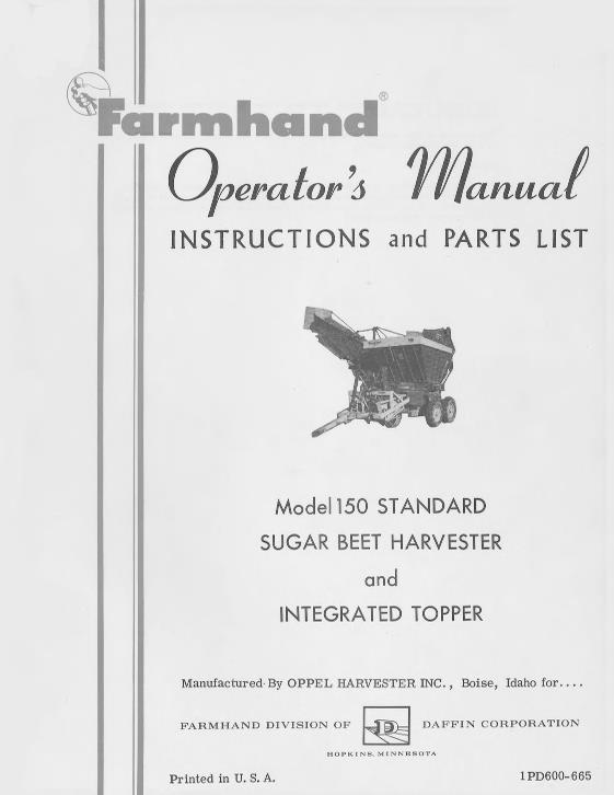 AGCO 150 Sugar Beet Harvester (& integr. topper, 1965) Operator Manual 1PD600665 English