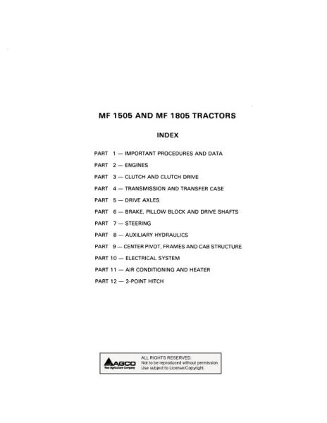 AGCO 1505 1805 Tractor (packet) Service Manual 1448894M1 English