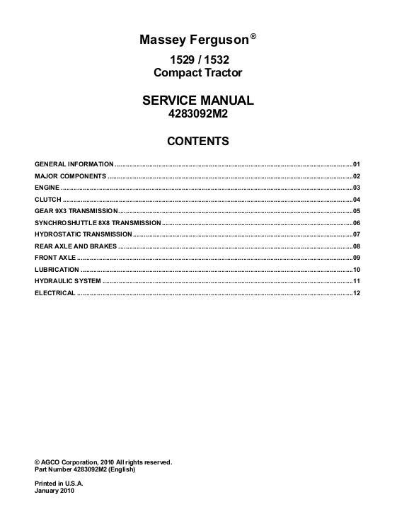 AGCO 1529 1532 Compact Tractor (packet) Service Manual 4283092M2 English
