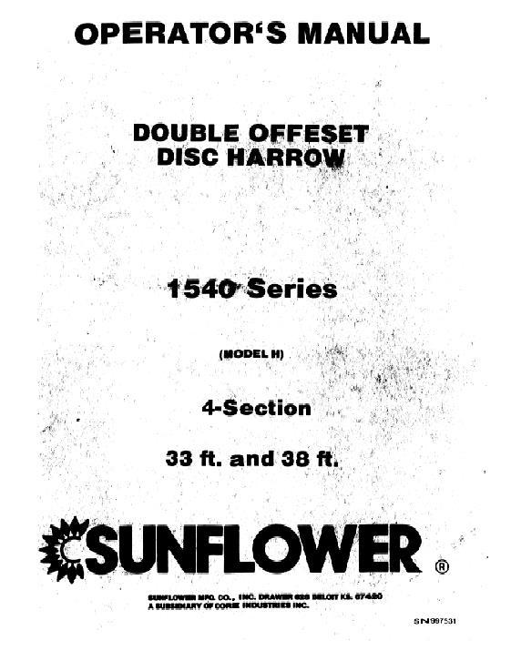 AGCO 1540 Disc Harrow (model H4, 4 section, 33 - 38 ft) Operator Manual SN997531 English