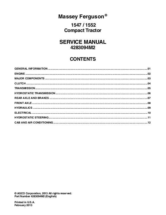 AGCO 1547 1552 Compact Tractor (packet) Service Manual 4283094M2 English