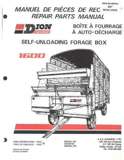 AGCO 1600 Forage Box (self unloading) Parts Book N1083P32 Multiple