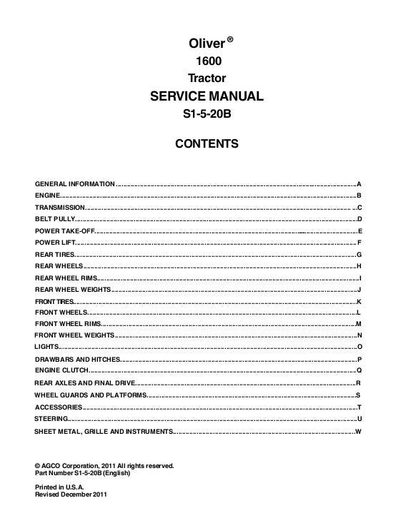 AGCO 1600 Tractor (packet) Service Manual S1-5-20B English
