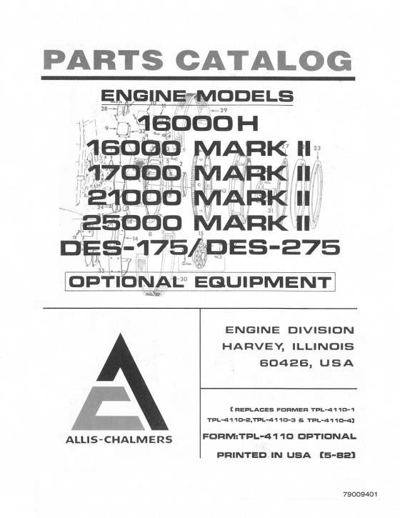 AGCO 16000H 16000-25000 Mark II DES-175 DES-275 Engine (options) Parts Book 79009401 English
