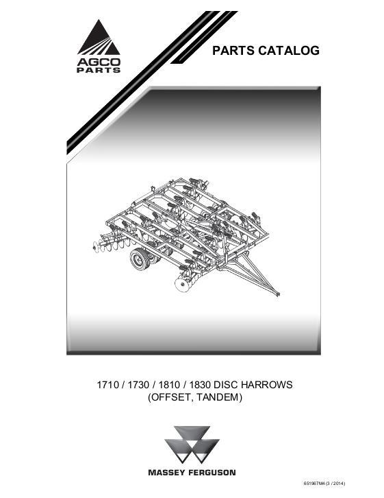 AGCO 1710 1730 1810 1830 Disc Harrow (offset, tandem) Parts Book 651967M4 English