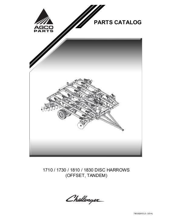 AGCO 1710 1730 1810 1830 Disc Harrow (offset, tandem) Parts Book 79035281D English