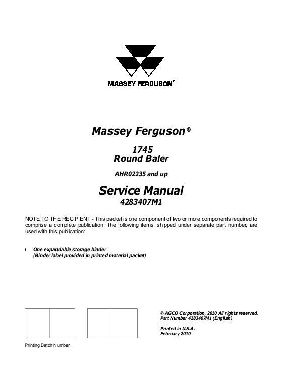 AGCO 1745 Round Baler (eff sn AHR02235) (packet) Service Manual 4283407M1 English