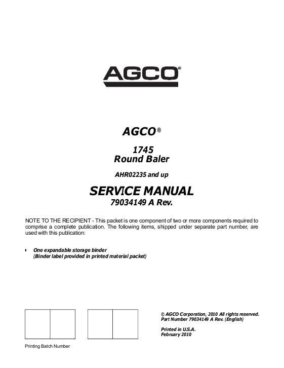 AGCO 1745 Round Baler (eff sn AHR02235) (packet) Service Manual 79034149A English