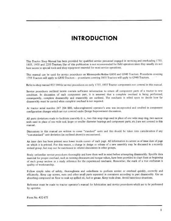 AGCO 1755 1855 1955 2255 Tractor (packet) Service Manual 432675B English